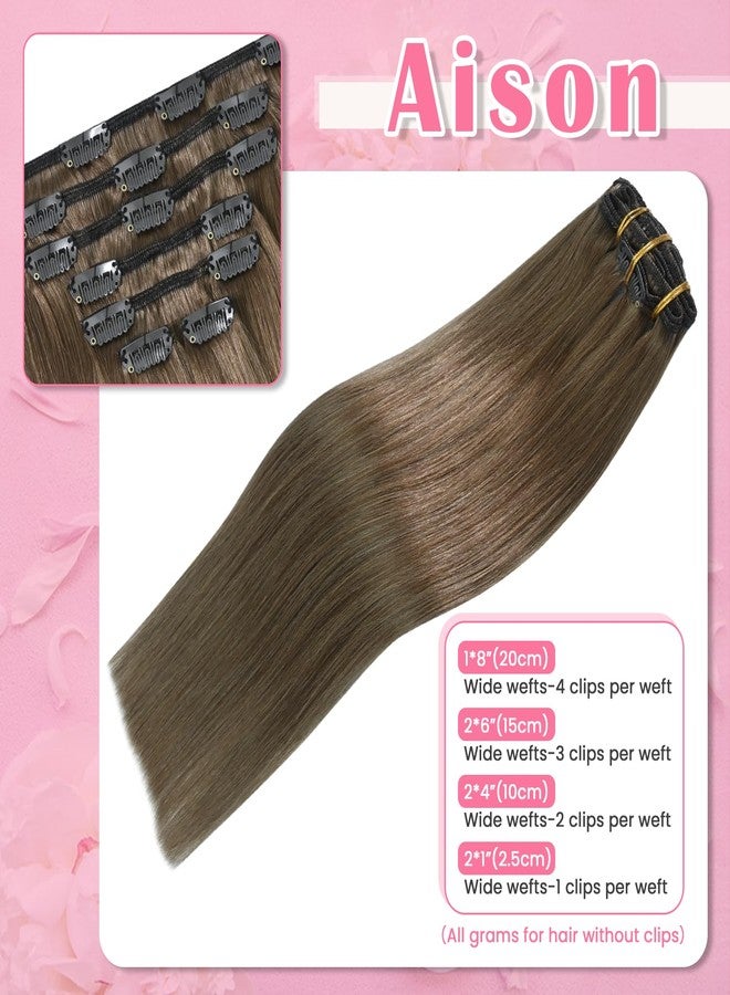 Aison Ash Brown Clip in Hair Extensions Real Human Hair 70G 100% Remy Human Hair Clip in Extensions for Women 7pcs 16clips (20 Inch #8) - Image 3